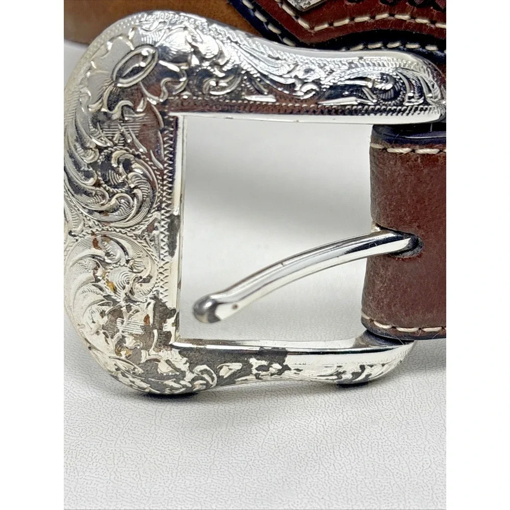 Nocona Lot Of 2 Brown Belt N2475444 Silver N2475702 Leather Western Men's 38